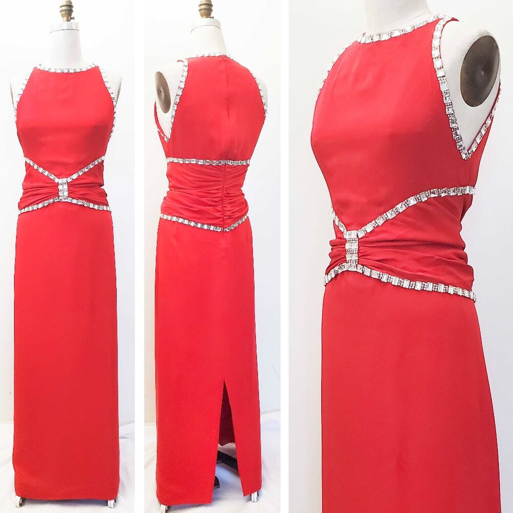Carolyne Roehm Vintage Womens Red Sleeveless Maxi Gown Dress Sequin Crystal